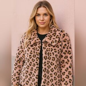J. Roberts Chic Pink Leopard Print Teddy Jacket Sz L
